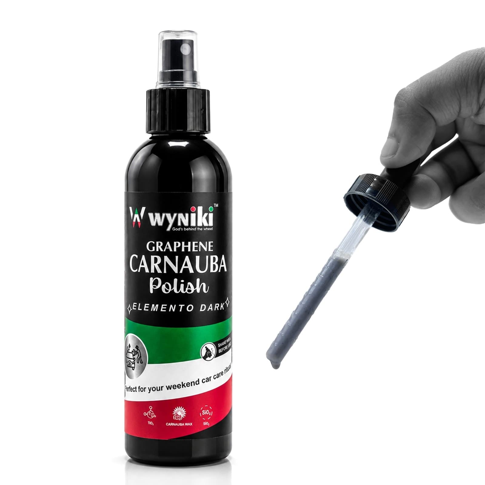 Wyniki Elemento Dark with the spray head fitted and the dip-tube cap held alongside