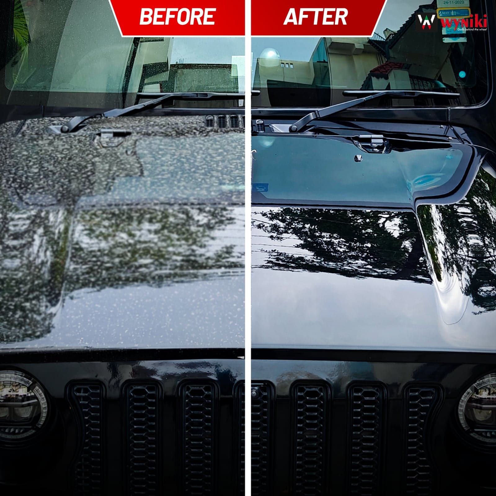 Before and after Wyniki polish on a black Jeep bonnet