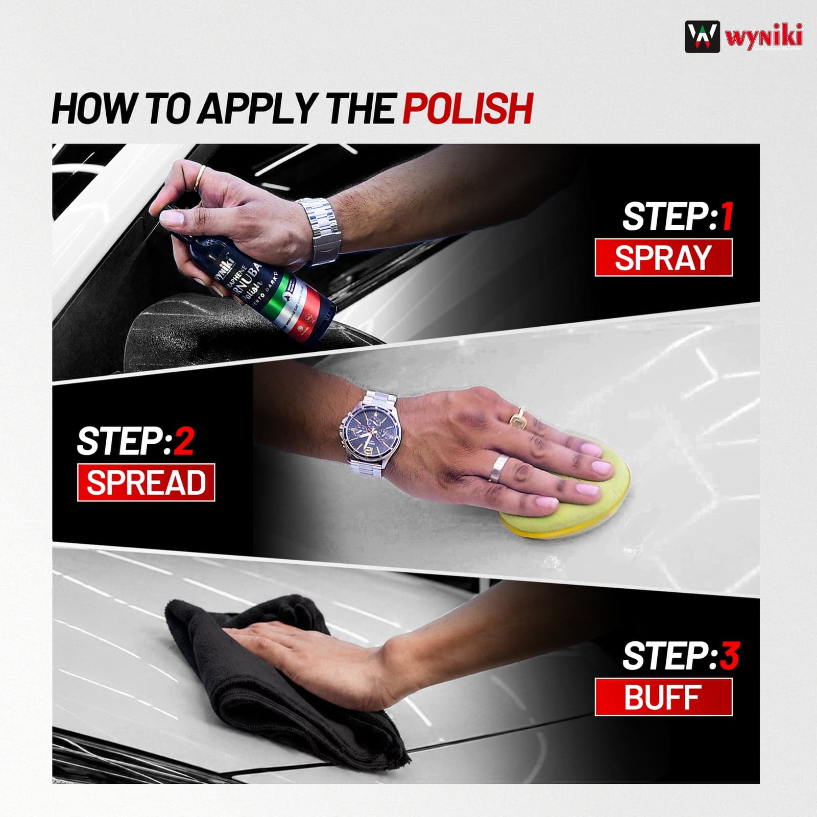 How to apply Wyniki polish: spray, spread, buff