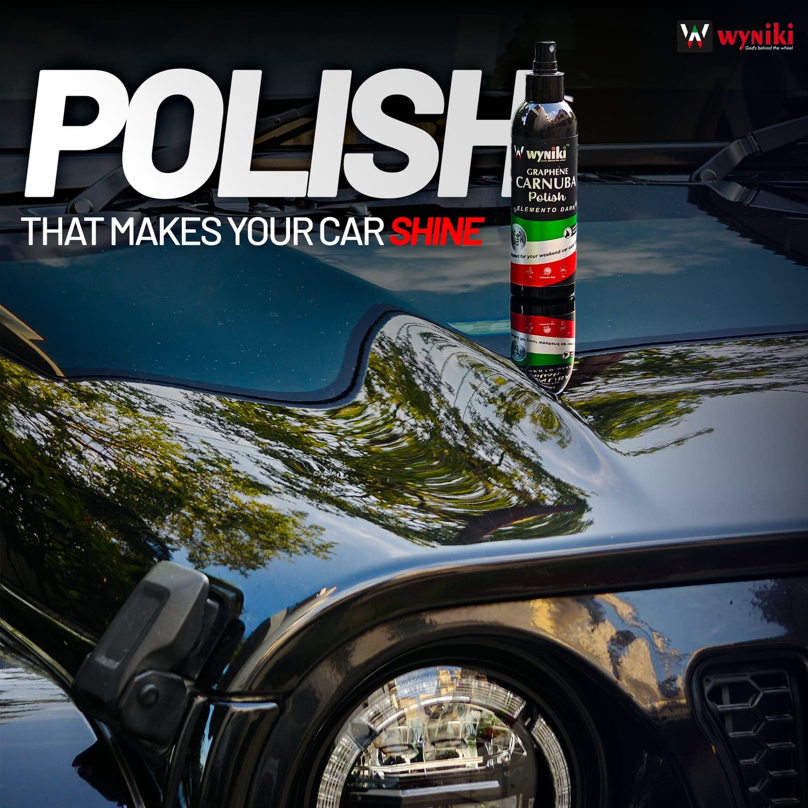 Wyniki polish bottle on a glossy black car hood